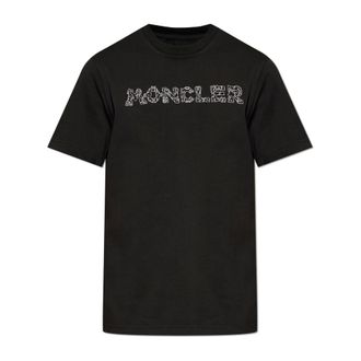 Moncler T-Shirts, male, Black, Size: XL Embroidered Logo Cotton T-shirt
