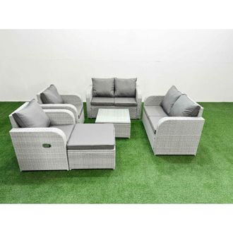 Fimous 7 Seater Outdoor Reclining Chair Love Sofa Set Rattan Garden Furniture Set with Square Coffee Table Footstool Light Grey - Fimous