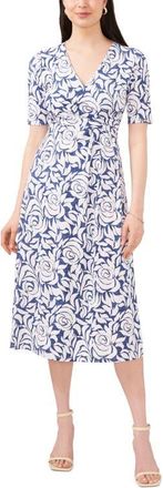 Chaus Floral Faux Wrap Midi Dress in Denim/white at Nordstrom, Size Large
