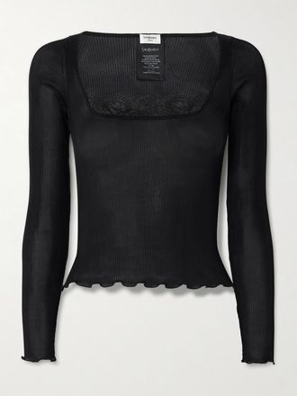 Saint Laurent Top In Seta A Coste Con Finiture In Pizzo - Nero