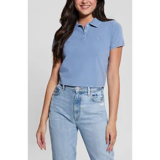 Guess Logo Embroidered Crop Piqu&eacute; Polo in Nordic Sea Multi at Nordstrom, Size Small