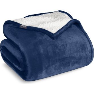 Bare Home Reversible Plush Fleece Throw Blanket in Dark Blue at Nordstrom