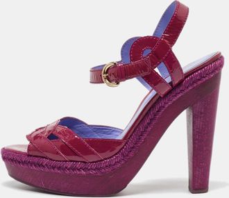 Sergio Rossi Pink Patent Leather Wooden Platform Ankle Strap Sandals