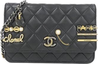 Chanel Black Artificial Pearl Leather Chain/Shoulder Wallet (Pre-Owned)