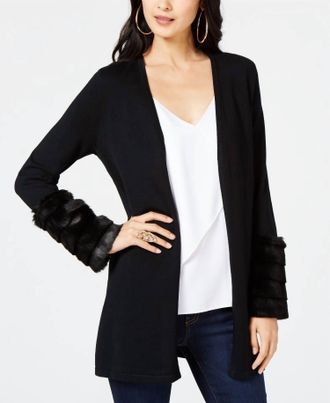 Thalia Sodi Womens Faux Fur Cuff Cardigan In Black