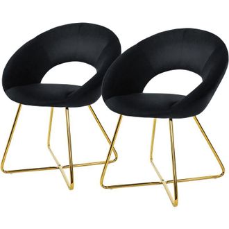 ML Design Set 2 Sedie per Sala da Pranzo in Velluto Nero con Schienale Rotondo Poltroncina Imbottita da Cucina Salotto con Gambe in Metallo Oro Seduta