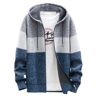 Generic Mens Hooded Full Zip Knit Cardigans Mens Knitted Causal Cardigan Jumper Hoodie Sweater Knitwear Jumper Print Stand Collar Fleece Lined Coat Autumn Win