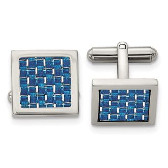 Diamond2Deal Stainless Steel Polished with Blue Carbon Fiber Inlay Square Cufflinks
