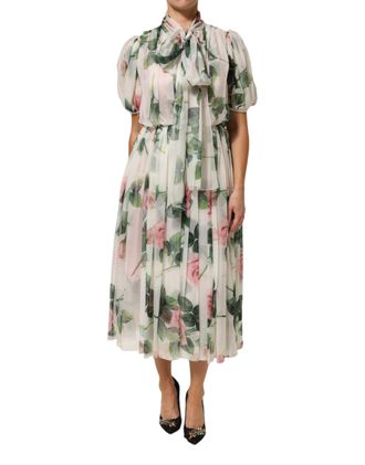 Dolce & Gabbana White Floral Print Silk Pleated Midi Womens Dress
