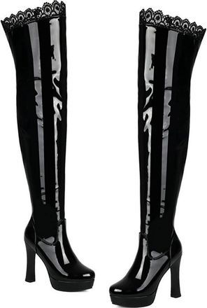 Generic Womens Patchwork Stretch Over The Knee Boots Comfort Round Toe Chunky Platform Side Zip Fashipn Shoes for Catwalk Party (Black,7.5)