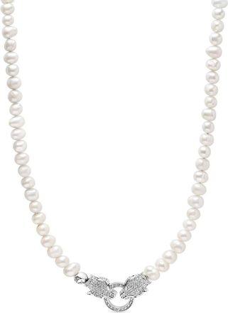 Nialaya diamond-panther freshwater-pearl necklace - men - Diamond/stainless steel/Freshwater Pearl - OS - Silver