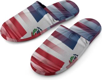 Generic U.S.A And Dominican Flag Flannel Mens Slip-on Slippers Winter Warm House Shoes with Rubber Sole for Home Hotel