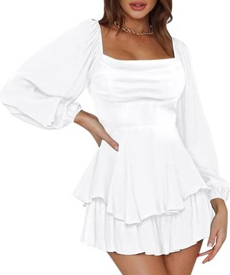 Generic Shorts Jumpsuit for Women UK Elegant Boho Romper Ruffle Hem Shorts Mini Dress Summer Solid Color Lantern Long Sleeve Square Neck Ruched Ruffled Playsu