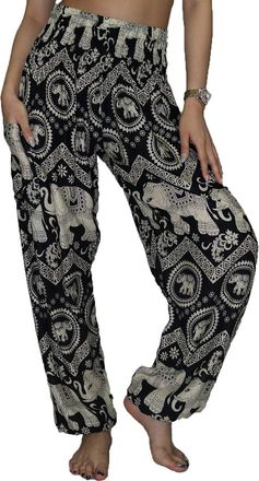 Lofbaz Womens Rayon Smocked Waist Flowy Hippie Boho Harem Pants - Elephant 3 Black XL