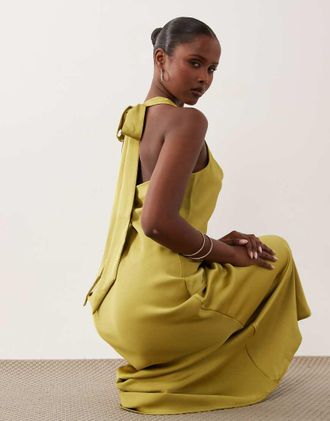 Vero Moda Vestito lungo allacciato al collo in raso verde muschio con allacciatura sul retro