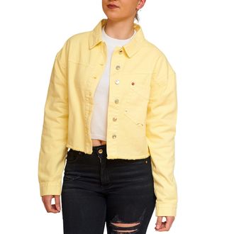 Generic Women Cropped Distressed Denim Jackets, Ladies Regular Fit Heavy Enzyme Wash Frayed Jeans Top Long Sleeve Girls Casual Outwear - Yellow - 3X-Large