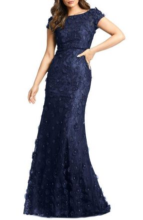 Mac Duggal WomensFloral Applique Boat Neck Cap Sleeve Gown in Midnight at Nordstrom, Size 12