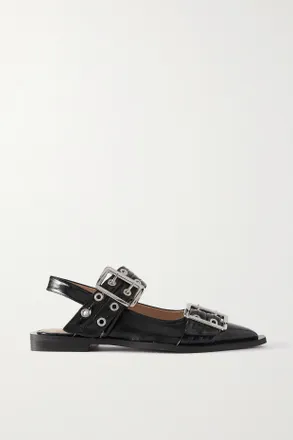 Ganni + Net Sustain Buckled Eyelet-embellished Recycled Faux Patent-leather Ballet Flats - Black - IT35,IT36,IT37,IT38,IT39,IT40,IT41,IT42