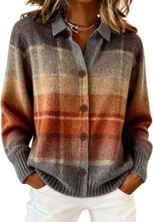 Generic Womens Plaid Print Casual Cotton Buttoned Cardigan Sweater, Plaid Knitted Cropped Cardigan Sweater Fall Winter Cardigans for Women Khaki