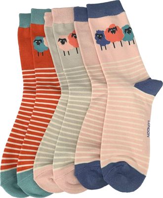 Generic Purple Possum Sheep Socks Ladies Cream Striped Stripes Bamboo Cotton Cute Farm Animals Womens Socks Size 3 to 7 (3 Pair Pack Grey Pink and Orange)