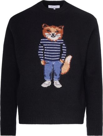 Maison Kitsun&eacute; Truien & Vesten, Heren, Zwart, M, Wol, Dressed Fox Intarsia Wool Jumper
