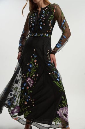 Karen Millen Womens Placed Floral Embroidered Mesh Woven Belted Maxi Dress - Black - Size 12 UK