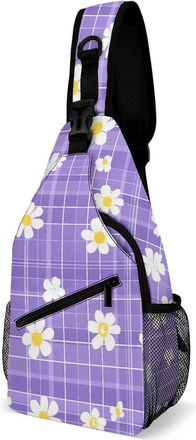 Generic Daisy Flowers Purple Checked Mens Crossbody Chest Sling Bag for Travel Hiking Lightweight Shoulder Bags with Small Side