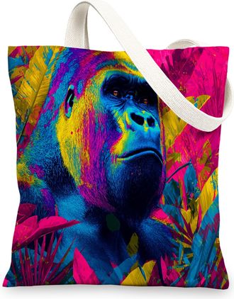 Generic Vibrant Artistic Canvas Tote Bags, Colorful Gorillas Design Reusable Shopping Bags, Lightweight Washable Shoulder Strap Tot, Multicolor, 13x15 Inch