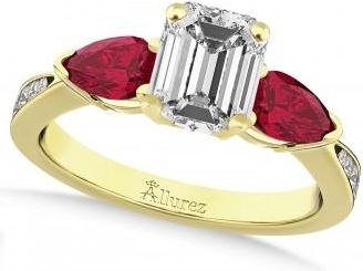 Allurez Emerald Diamond & Pear Ruby Gemstone Engagement Ring 18k Yellow Gold (1.79ct)