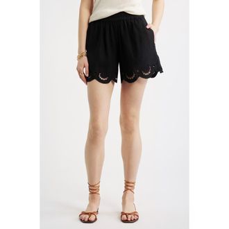 Treasure & Bond Cutwork Hem Linen Blend Pull-On Shorts in Black at Nordstrom, Size Xx-Small