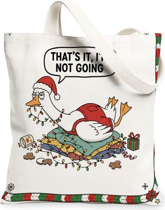 Generic Funny Goose Christmas Canvas Tote Bag, Holiday Cartoon Design Reusable Shopping Bags, Lightweight Washable Shoulder Strap C, White, 13x15 Inch