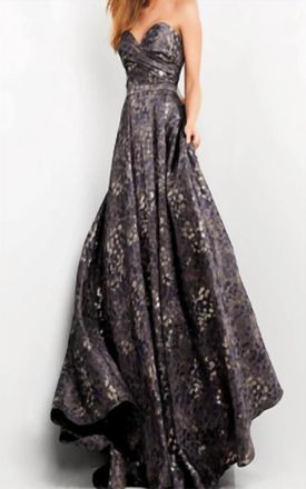 Jovani Strapless Jacquard Ballgown In Grey/brown/navy