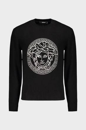 Versace Mens Medusa Embroidery Wool Crew Neck Sweater Black - Size X-Small