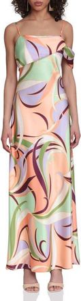 Avec Les Filles Floral Print Asymmetric Satin Maxi Dress in Rivera Fan at Nordstrom, Size 12