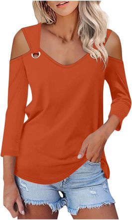 Generic Womens V Neck T Shirts 3/4 Length Sleeve Tops for Women Sexy V Neck Cold Shoulder Cosy Basic Tunic Tops Loose Soft Plain 3/4 Sleeve Tee Shirt Going Ou