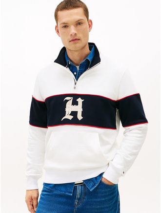 Tommy Hilfiger Mens Block Stripe Logo Quarter-Zip Sweatshirt - White - XL