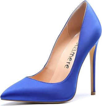 Castamere Womens High Heels Party Wedding Pointed Toe Slip On Court Shoes Classic Elegant Pumps 12CM Stiletto Heels Satin Blue Shoes EU 45