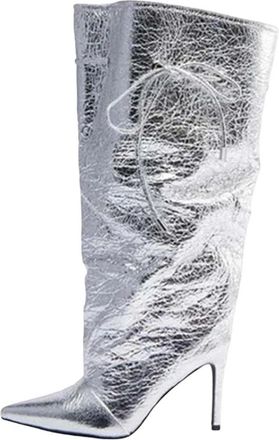 Generic Women Knight Boots Euro Style Pointed Toe Wide Calf Lace-Up Slip-On Mid-Calf Boots