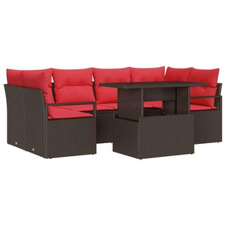 vidaXL Conjunto De Sof&aacute; De Jard&iacute;n 7 Pcs Marr&oacute;n Y Rojo Rat&aacute;n Sint&eacute;tico Vidaxl