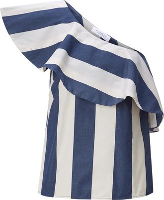 Rich & Royal One Shoulder Gestreepte Blouse - Dames - Blouses - Blauw - XS - Katoen - Overhemden