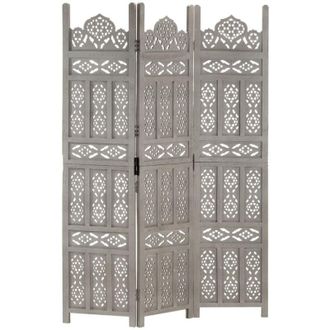 vidaXL Hand carved 3-Panel Room Divider Grey 120x165 cm Solid Mango Wood Vidaxl