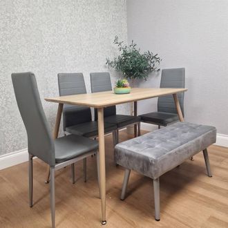 Kosy Koala Wooden Dining Table Set With 4 Grey Metal Chairs & 1 Matching Bench in Brown