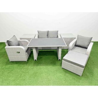 Fimous Outdoor Rattan Garden Furniture Dining Set 5-seater Patio Rectangular Table Love Sofa Reclining Chair Set with 2 Side Tables Big Stool - Fimous