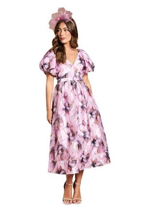 Coast Short Puff Sleeve Belted Midi Dress in Pink at Nordstrom, Size 14
