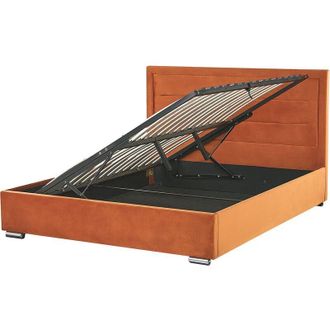 Beliani Cama Con Almacenaje De Terciopelo Naranja 180 X 200 Cm Cabecero Acolchado Moderno Rouen