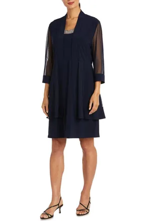 R & M Richards 3/4 Sleeve Embellished Jacket & Dress Set In Navy