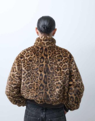 Collusion giacca in pelliccia leopardata con collo a imbuto e zip integrale-Marrone