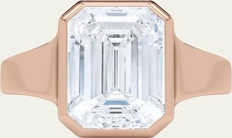 HauteCarat 18K Emerald Cut Lab Grown Diamond Cigar Bezel Ring, 3.0tcw
