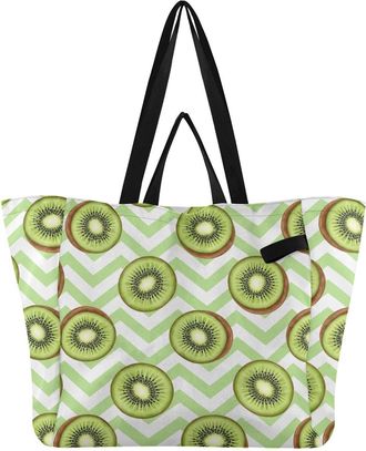 Generic Fruit Kiwi Green print Reusable Canvas Tote Bag, Heavy Duty Grocery Shopping Bag with Hard Bottom Double Handles Large Capacity Work Groceries Travel