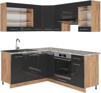 Vicco Cucina angolare completa Fame-Line, Antracite lucido/oro power oak, 160 x 190 cm, pl Marmo